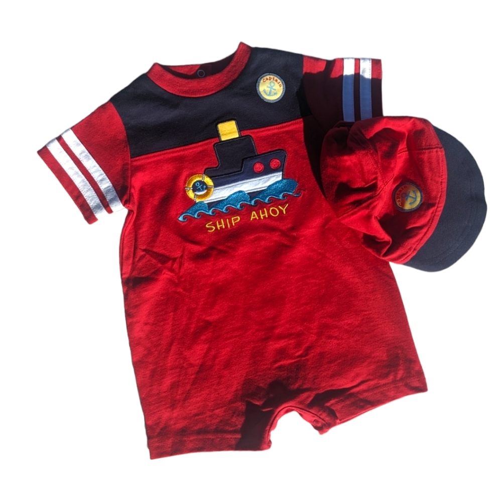 Okie Dokie 12m Ship Ahoy Brn Red Romper w/ Captains Hat Set